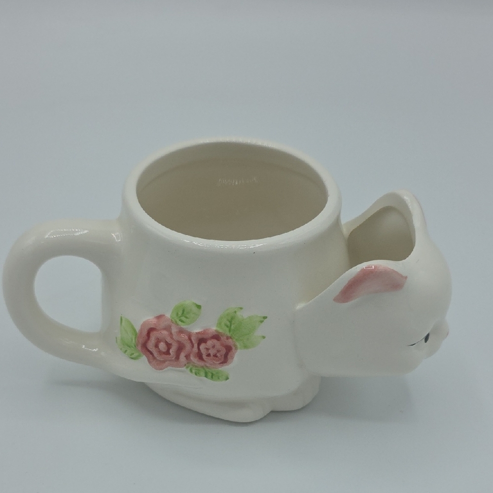 Vintage Floral Cat Ceramic Tea Mug 12oz White and Pink Holds Your Tea Bag - Picture 2 of 8